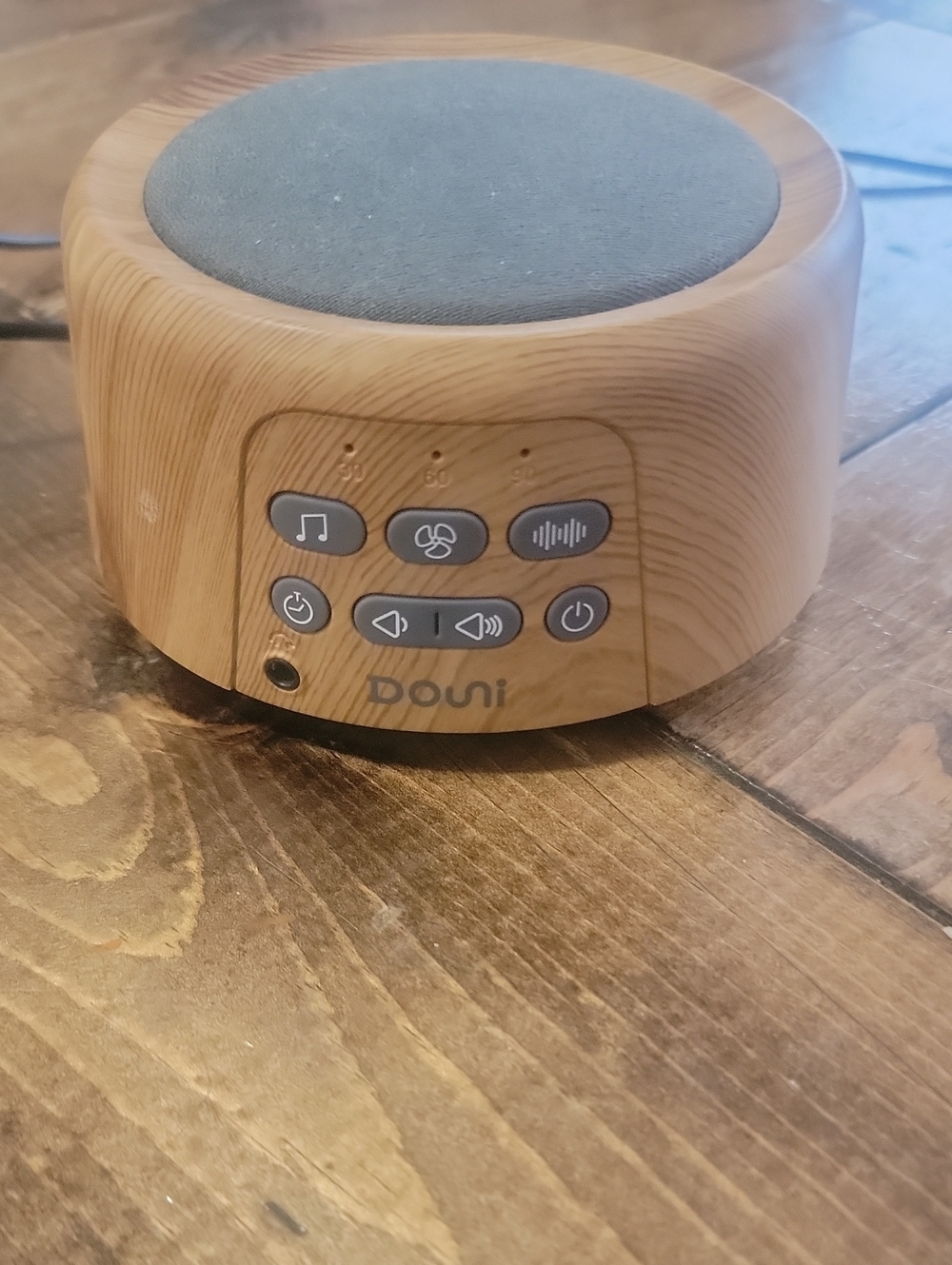 Portable Bluetooth Speaker in Light Wood with Gray Fabric Top